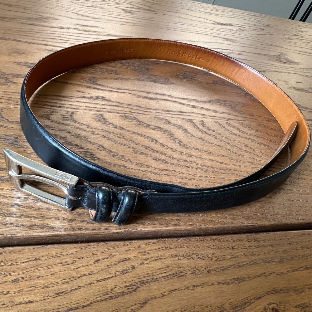 Polo Ralph Lauren Mens Black Italian Leather Belt Silver Buckle RL 98 Size 36
